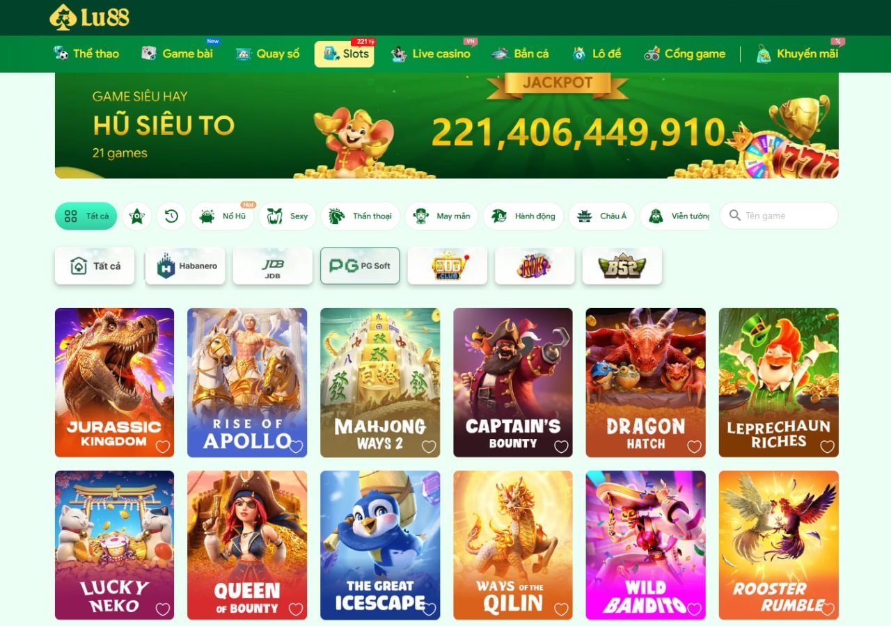 Giao diện trang chủ LU88 với đa dạng trò chơi slot và khuyến mãi hấp dẫn.