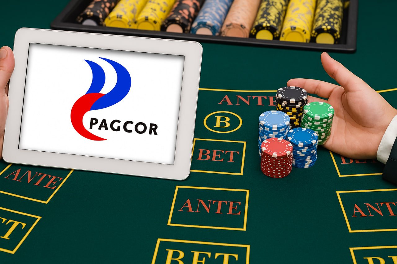 Logo PAGCOR hiển thị trên máy tính bảng. Bên cạnh là chip casino trên bàn cược